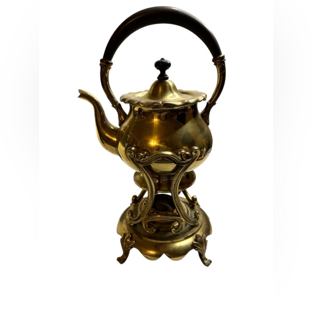 Vintage Victorian Brass Tea Pot Kettle w/ Burner Warmer Stand Wood Handle
